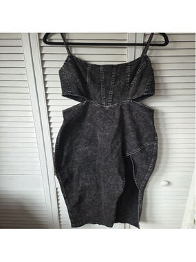 Women's ABELA STORY + CO Black Stonewashed Denim Cut-Out Midi Dress L